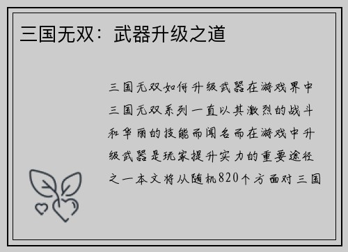 三国无双：武器升级之道