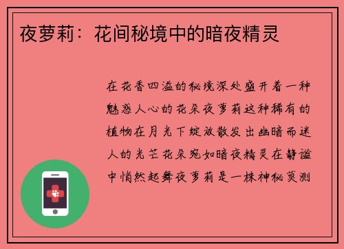 夜萝莉：花间秘境中的暗夜精灵
